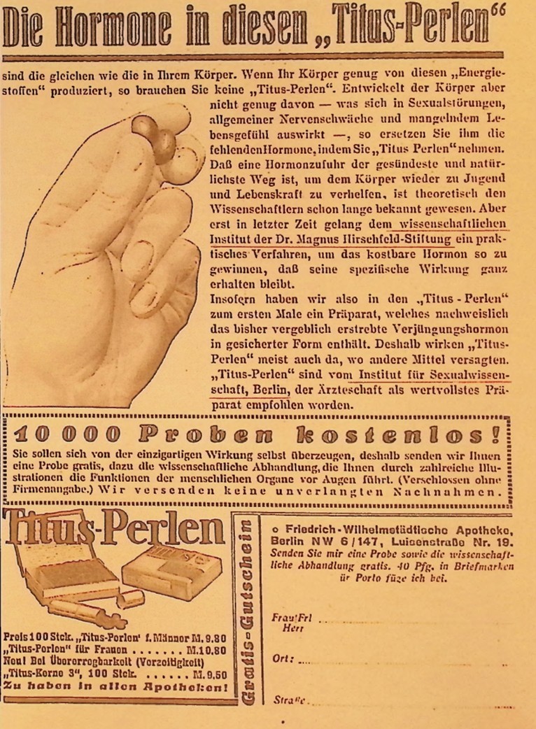 Advertisements for “Titus-Perlen”, Münchner Illustrierte Presse 9, no. 11 (13 March 1932): 261; no. 30 (2 October 1932): 1105