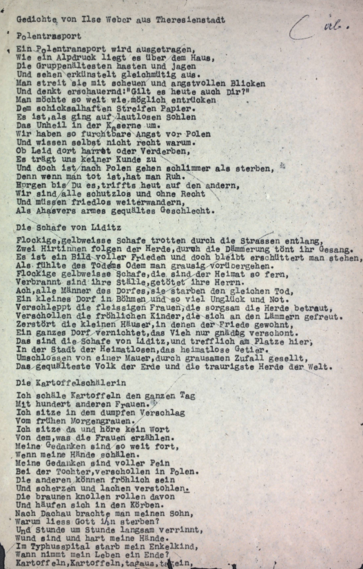 Page from Ilse Weber, Gedichte von Ilse Weber aus Theresienstadt, 1942, containing three poems including “Die Schafe von Liditz.” Wiener Archive collection, Alfred Wiener Documents, Correspondence, poems, etc. from Theresienstadt and other camps, 586.